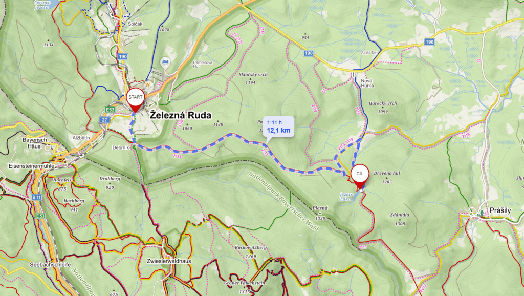 Mapa Železná Ruda - jezero Laka