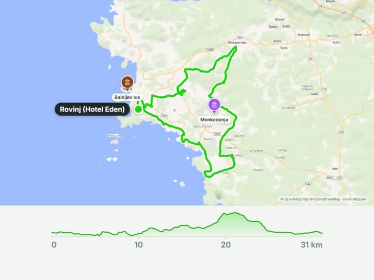 Z Rovinje k hradišti Monkodonja: okruh po lesních stezkách (32 km)