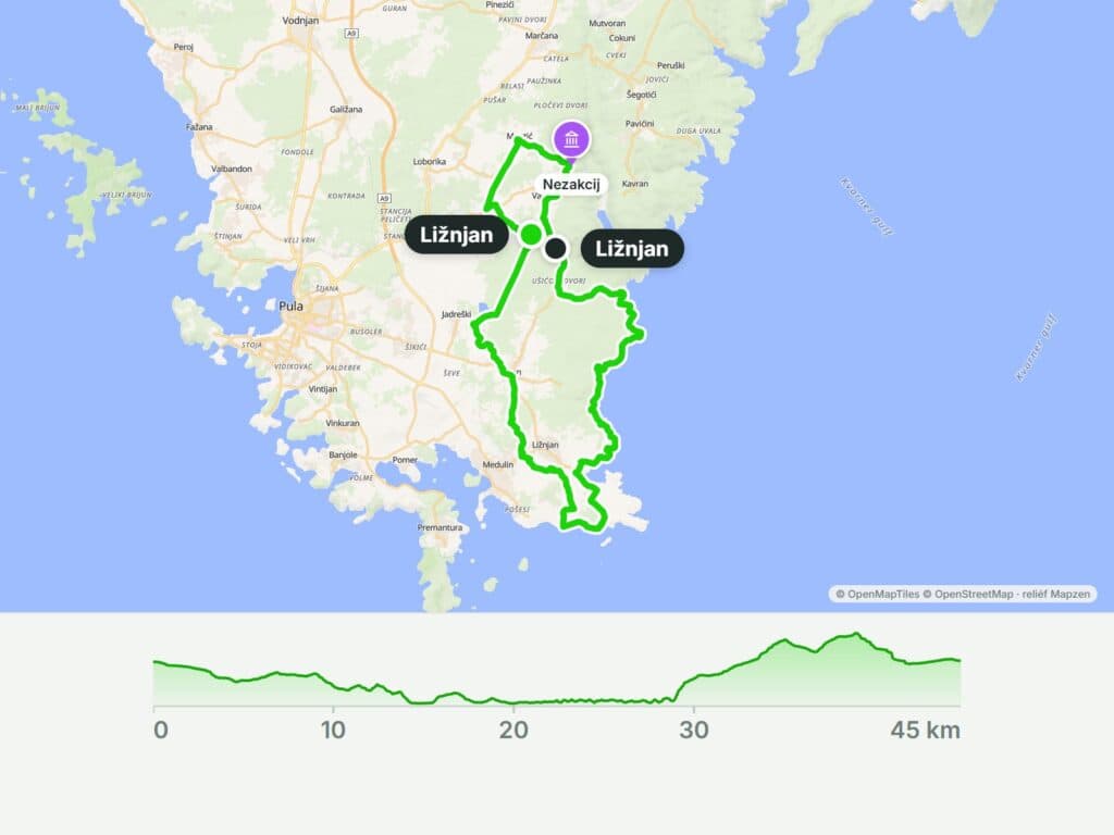 Ližnjan na kole: okruh č. 333 k antickému Nezakciju (45 km)